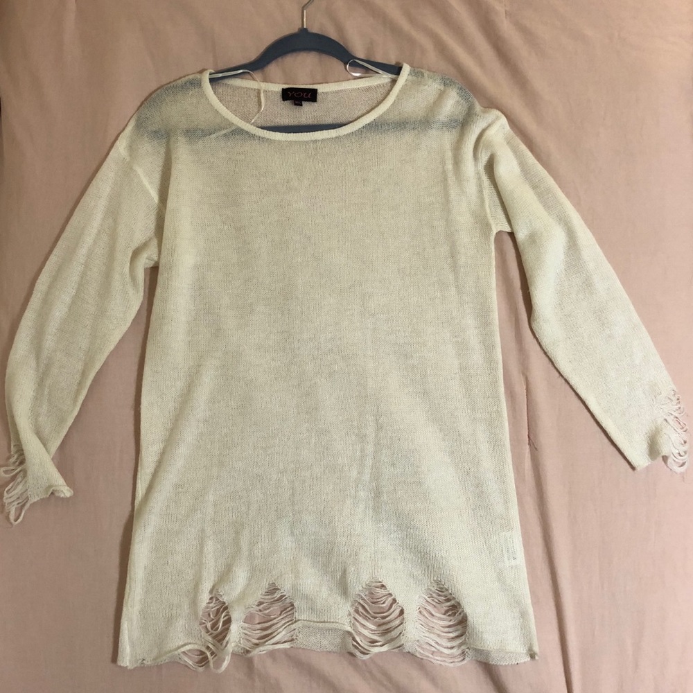 LF Distressed White Sweater